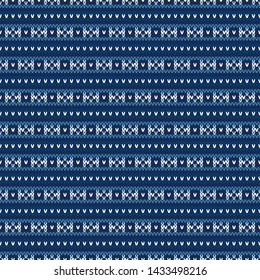 Abstract Checkered Knitted Sweater Pattern. Winter Holiday Vector Seamless Background with Shades of Blue Colors. Wool Knit Texture Imitation