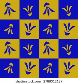 Abstract checkered pattern with blue and gold botanical shapes creating visual interest