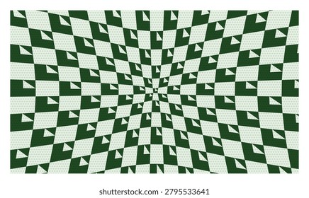 Abstract checkered pattern with green and white diamonds; optical illusion creating perspective distortion.