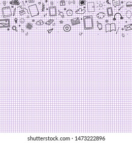 Abstract checkered pattern with school supplies. Graphic paper background. Back to school. Hand drawn elements. Education concept