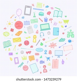 Abstract checkered pattern with school supplies. Graphic paper background. Back to school. Hand drawn elements. Education concept
