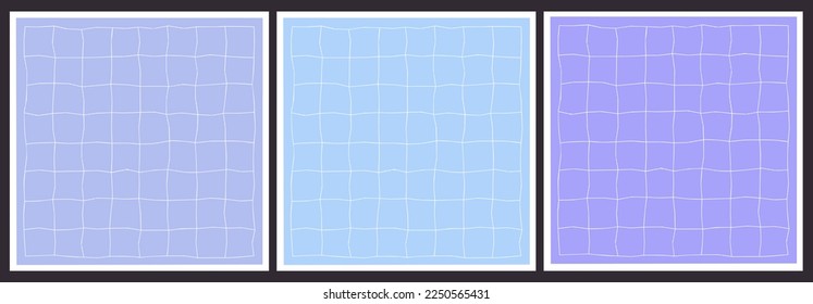 Abstract checkered. Plaid geometric simple texture. Crossing lines. Set of 3 hand drawn irregular patterns. Seventies style. Groovy background. Hippie Aesthetic.