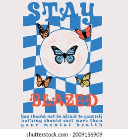 Abstract checkered retro print design with slogan and butterfly illustrations for t shirt print design or other uses