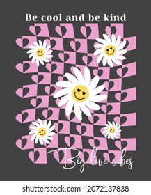 Abstract  Checkered Retro Print Design With Slogan And Daisy Illustrations For T Shirt Print Design Or Other Uses. Vector Illustration