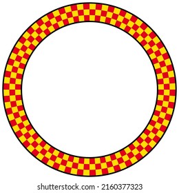 Abstract checkered round frame. Circle frames, red and yellow with chess patterns isolated on white background. Border template.