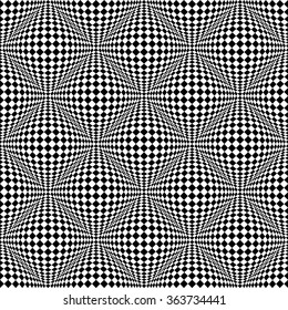 Abstract checkered seamless pattern with 3d salient, protuberant distortion. Seamlessly repeatable. Vector.