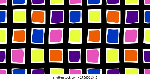 Abstract checkered seamless pattern with colorful squares and crooked stripes.Creative print with bright mosaic,dance floor.Vector background.