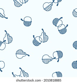 Abstract Checkered and Striped Apples and Pears Seamless Pattern. Blue Fruits on Light blue Background. Vector Fruit Colorful Wallpaper. Monochrome colors