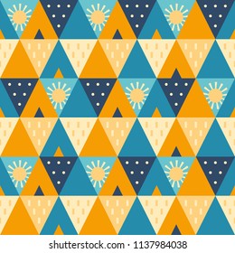 Abstract cheerful and warm 'camping at the beach' vector illustration in blue and yellow tones. Seamless trendy geometric repeat pattern. Perfect for editorial design, textiles, wrapping paper etc.