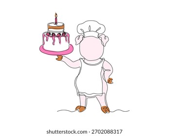 Abstract Chef pig stands with tray and birthday cake with candle, cook with platter. continuous single one line art hand drawing sketch, logo on white background