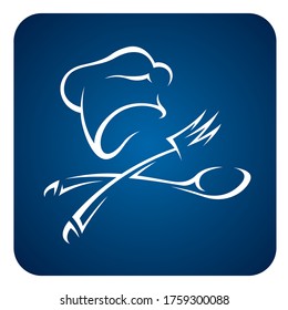 abstract chef with spoon and fork icon isolated on blue background