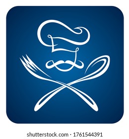 abstract chef with spoon and fork icon isolated on blue background