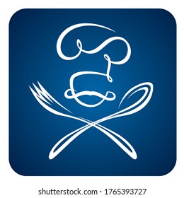 abstract chef with spoon and fork icon isolated on blue background