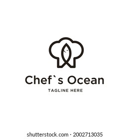 Abstract chef's hat and fish Logo. Black color isolated on White Background. Usable for Restaurant and Branding Logos. Flat Vector Logo Design Template Element.