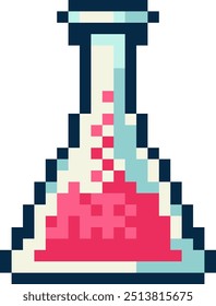 Abstract chemical flask in pixel art style simple icon. Retro 8 bit gaming flat pixel art style, modern logotype graphic illustration.