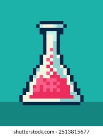 Abstract chemical flask in pixel art style simple icon. Retro 8 bit gaming flat pixel art style, modern logotype graphic illustration.