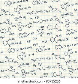 Abstract chemistry formulas on exercise book paper sheet. Vector background, EPS10.