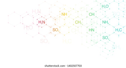 Abstraktes chemisches Muster auf sauberem weißem Hintergrund mit chemischen Formeln und molekularen Strukturen. Konzept der Wissenschafts- und Innovationstechnologie