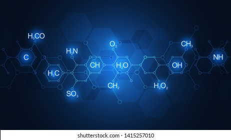 Abstract chemistry pattern on dark blue background with chemical formulas and molecular structures. Template design with concept and idea for science and innovation technology