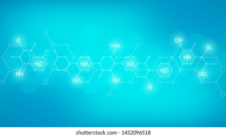 Abstract chemistry pattern on green background with chemical formulas and molecular structures. Template design with concept and idea for science and innovation technology. Vector illustration