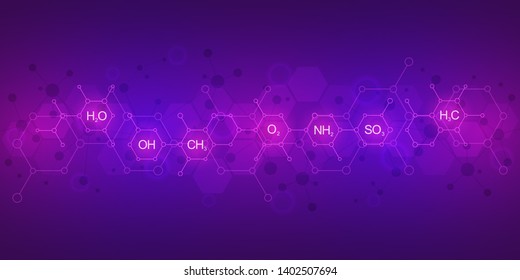 Abstract chemistry pattern on purple background with chemical formulas and molecular structures. Science and innovation technology concept