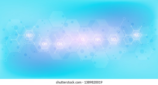 Abstract chemistry pattern on soft blue background with chemical formulas and molecular structures. Science and innovation technology concept