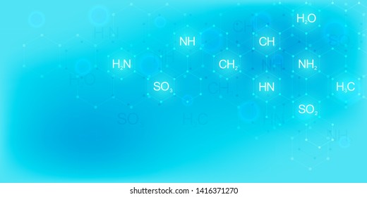Abstract chemistry pattern on soft blue background with chemical formulas and molecular structures. Template design with concept and idea for science and innovation technology