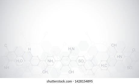 Abstract chemistry pattern on soft grey background with chemical formulas and molecular structures. Template design with concept and idea for science and innovation technology