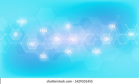 Abstract chemistry pattern on soft blue background with chemical formulas and molecular structures. Template design with concept and idea for science and innovation technology