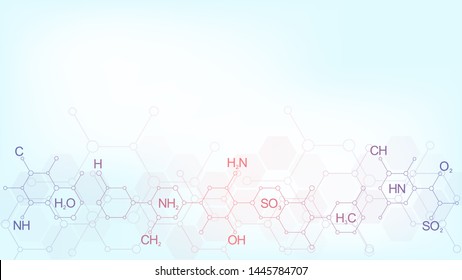 Abstract chemistry pattern on soft blue background with chemical formulas and molecular structures. Template design with concept and idea for science and innovation technology. Vector illustration