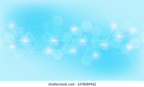 Abstract chemistry pattern on soft blue background with chemical formulas and molecular structures. Template design with concept and idea for science and innovation technology. Vector illustration
