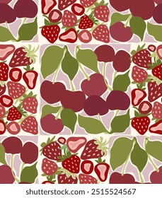 Patrón sin fisuras de fresas de cerezas Abstractas. Diseño de bayas de verano groovy estilo retro de los años 70. Ilustración vectorial.