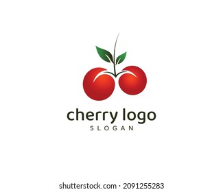 Resumen Diseño del logo vectorial de frutos de cerezo, diseño vectorial de cerezo con hoja verde.