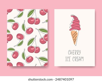 Abstract cherry ice cream background. Cute one line drawn summer sweet dessert waffle cone and Berry pattern backgrounds set. Template for poster, package, menu design