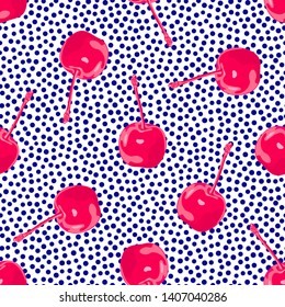 Abstract cherry seamless pattern. Fun fruit and geometric motifs combination. Summer berry print.