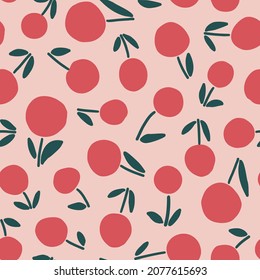 Abstract cherry seamless repeat pattern. Random placed, vector fruits all over surface print on beige background.