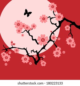 Abstract cherry tree at sunset for greeting card design
