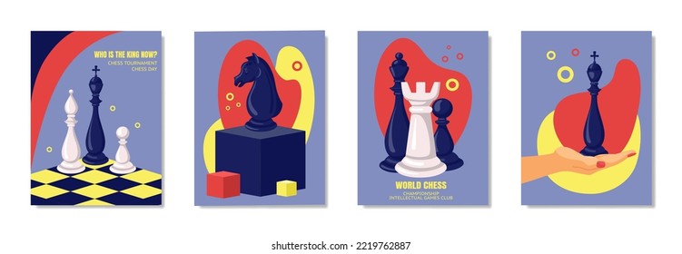 Abstract chess club match posters. Business tournament with bishop. King and queen. Play intelligence game. Chessboard championship. Geometric shapes. Vector illustration tidy banners set