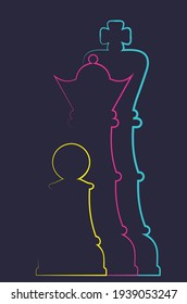 Abstract chess figures of the king, queen, and pawn line art design, sport themed illustration.