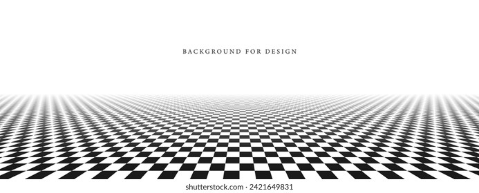 Abstract chess tile floor background with perspective. Black and white square infinity futuristic copy space. Monochrome geometric surface