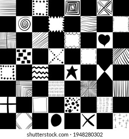Abstract Chessboard Various Drawings. Vector Checkered Board Black And White. Drawings On Chessboard Pattern.