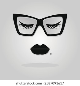 Abstract chic elegant and fashionable lady closed eyes with lashes, trendy cat-eye frame glasses, and lips icons on gray gradient background