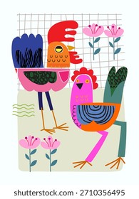 Abstract chicken bird geometric, doodle, and shapes,decorative hand drawn vector illustration. Artistic design for card, poster, cover, wall art and print.