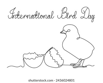 Abstract chicken hatched from the egg,continuous single line art hand drawing sketch, logo of the International Bird Day