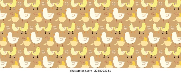 Abstract chicken, hen, rooster art seamless pattern with freehand doodle collage background.