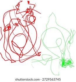 Abstrakte Kinderzeichnung Vektor mit roten und grünen Schriftzeichen, expressive naive Kunst zeigt Interaktion, Kontrast und emotionale Energie, Ideal für Bildungskonzepte, Psychologie, kreative Hintergründe und Kinderprojekte