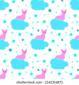 Resumen de fondo infantil gato rosa sobre una nube azul, patrón sin costuras, textura para el diseño de tela, papel pintado y azulejos, ilustración vectorial