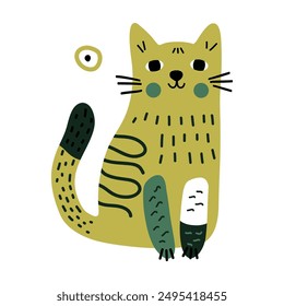 Abstractas gato infantil. Lindo personaje de gatito ingenuo con emoción divertida, diseño plano de garabato de mascota mullida cómica. Ilustración aislada de Vector.