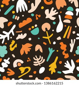 Abstract childish collage cut out shapes. Vector pattern seamless background. Hand drawn matisse style graphic illustration. Trendy home decor, retro brown fashion prints,playful fun kids wallpaper. 