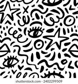 Abstract childish doodle seamless pattern with stars, eyes, squiggles and dots. Scribble grunge brush strokes vector background. Creative abstract quirky seamless pattern with various shapes and lines